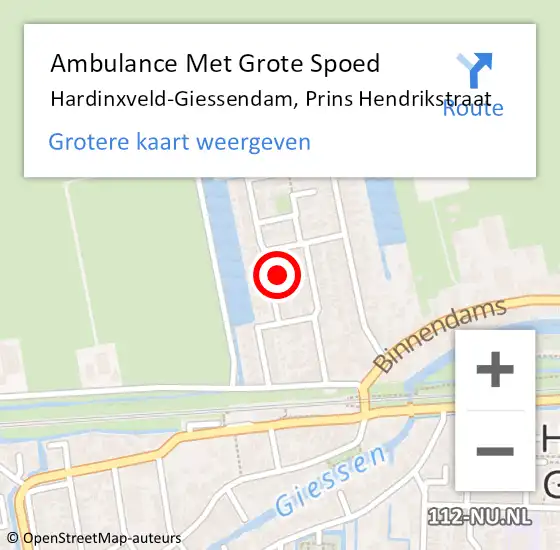 Locatie op kaart van de 112 melding: Ambulance Met Grote Spoed Naar Hardinxveld-Giessendam, Prins Hendrikstraat op 3 december 2022 19:22