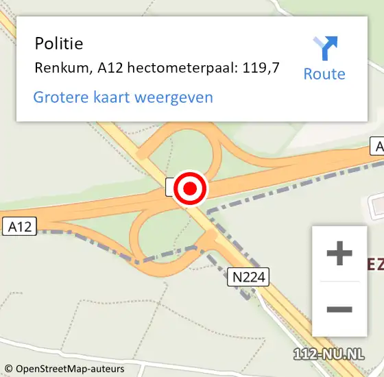 Locatie op kaart van de 112 melding: Politie Renkum, A12 hectometerpaal: 119,7 op 3 december 2022 21:41