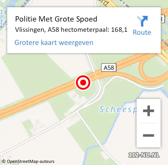 Locatie op kaart van de 112 melding: Politie Met Grote Spoed Naar Vlissingen, A58 hectometerpaal: 168,1 op 4 december 2022 00:34