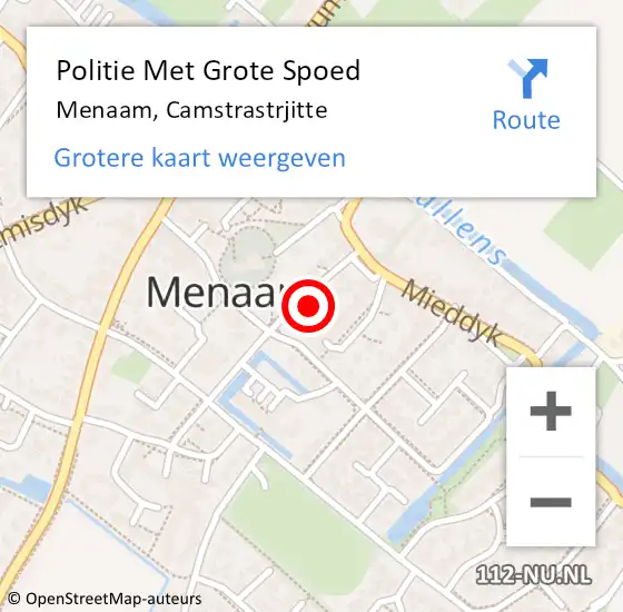 Locatie op kaart van de 112 melding: Politie Met Grote Spoed Naar Menaam, Camstrastrjitte op 4 december 2022 00:49