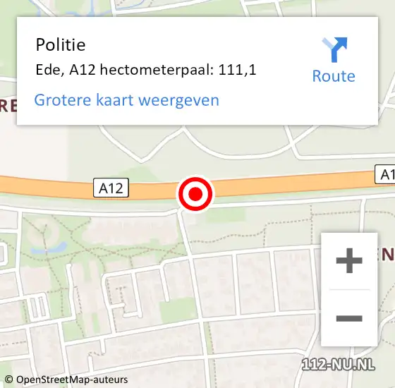 Locatie op kaart van de 112 melding: Politie Ede, A12 hectometerpaal: 111,1 op 4 december 2022 04:17