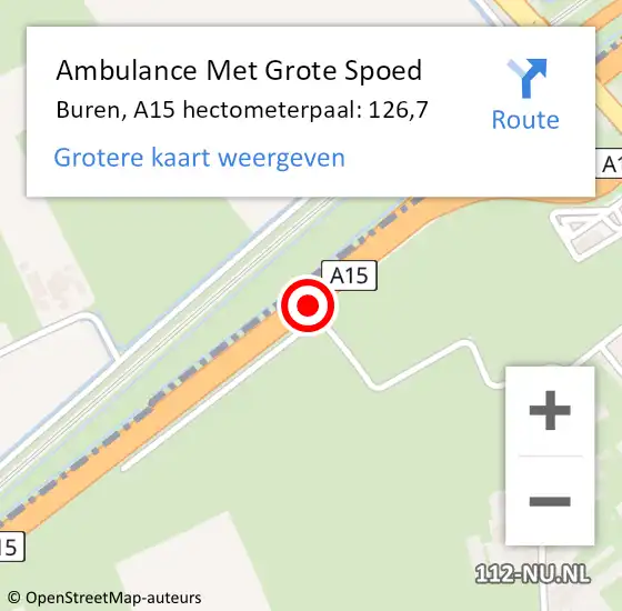 Locatie op kaart van de 112 melding: Ambulance Met Grote Spoed Naar Buren, A15 hectometerpaal: 126,7 op 4 december 2022 12:08