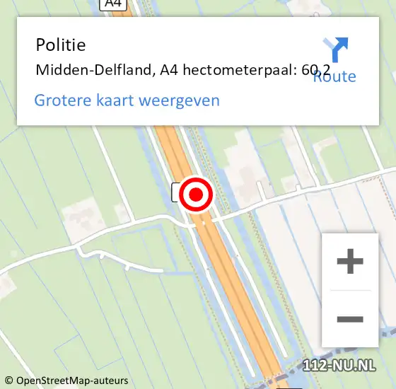 Locatie op kaart van de 112 melding: Politie Midden-Delfland, A4 hectometerpaal: 60,2 op 4 december 2022 12:09