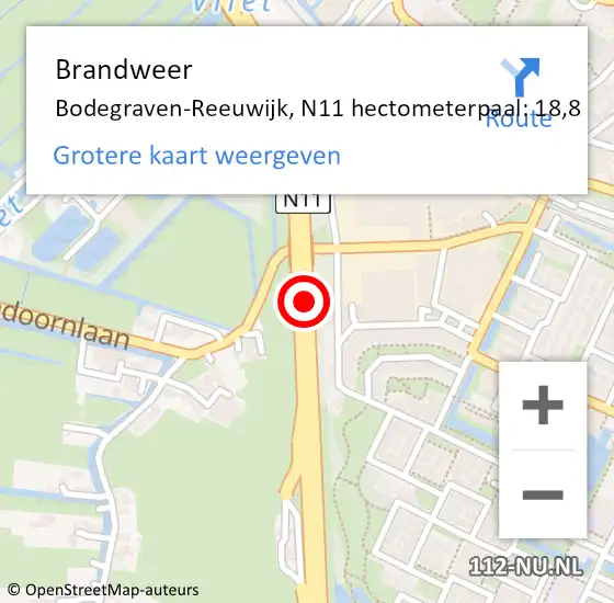 Locatie op kaart van de 112 melding: Brandweer Bodegraven-Reeuwijk, N11 hectometerpaal: 18,8 op 4 december 2022 13:59