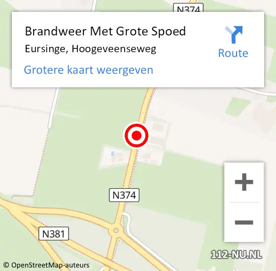Locatie op kaart van de 112 melding: Brandweer Met Grote Spoed Naar Eursinge, Hoogeveenseweg op 7 augustus 2014 09:10
