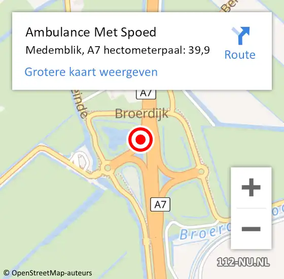 Locatie op kaart van de 112 melding: Ambulance Met Spoed Naar Medemblik, A7 hectometerpaal: 39,9 op 4 december 2022 18:21