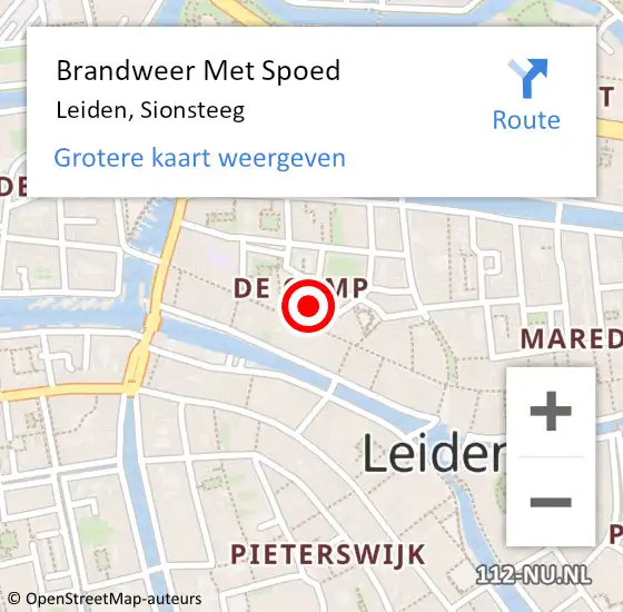 Locatie op kaart van de 112 melding: Brandweer Met Spoed Naar Leiden, Sionsteeg op 4 december 2022 19:21