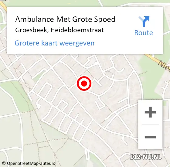 Locatie op kaart van de 112 melding: Ambulance Met Grote Spoed Naar Groesbeek, Heidebloemstraat op 4 december 2022 19:50