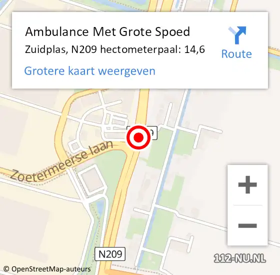 Locatie op kaart van de 112 melding: Ambulance Met Grote Spoed Naar Zuidplas, N209 hectometerpaal: 14,6 op 4 december 2022 21:45