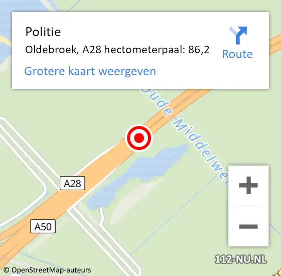 Locatie op kaart van de 112 melding: Politie Oldebroek, A28 hectometerpaal: 86,2 op 5 december 2022 00:00
