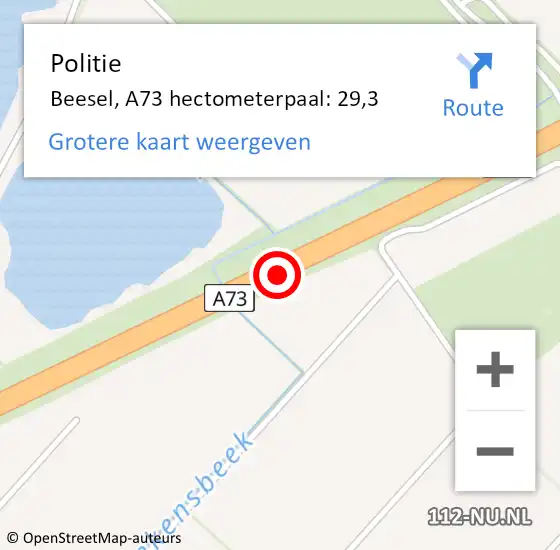 Locatie op kaart van de 112 melding: Politie Beesel, A73 hectometerpaal: 29,3 op 5 december 2022 05:40