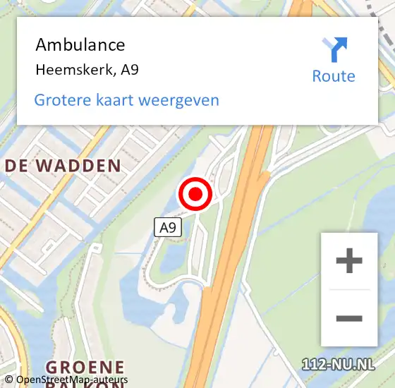 Locatie op kaart van de 112 melding: Ambulance Heemskerk, A9 op 5 december 2022 07:29