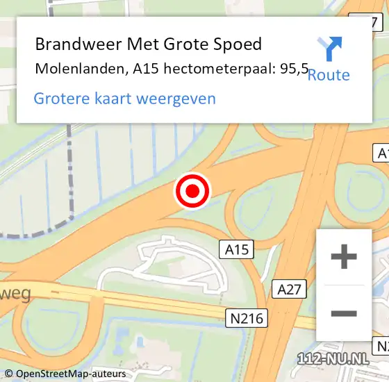 Locatie op kaart van de 112 melding: Brandweer Met Grote Spoed Naar Molenlanden, A15 hectometerpaal: 95,5 op 5 december 2022 07:30