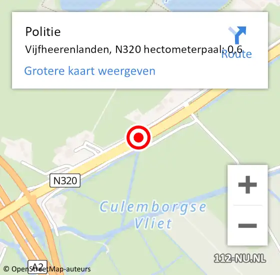 Locatie op kaart van de 112 melding: Politie Vijfheerenlanden, N320 hectometerpaal: 0,6 op 5 december 2022 08:25