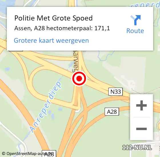 Locatie op kaart van de 112 melding: Politie Met Grote Spoed Naar Assen, A28 hectometerpaal: 171,1 op 5 december 2022 09:43