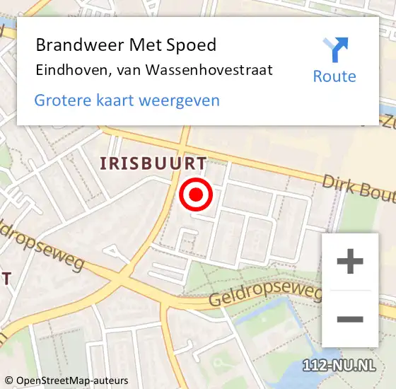 Locatie op kaart van de 112 melding: Brandweer Met Spoed Naar Eindhoven, van Wassenhovestraat op 5 december 2022 10:00