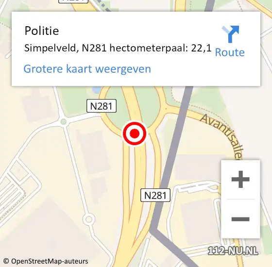 Locatie op kaart van de 112 melding: Politie Simpelveld, N281 hectometerpaal: 22,1 op 5 december 2022 13:39