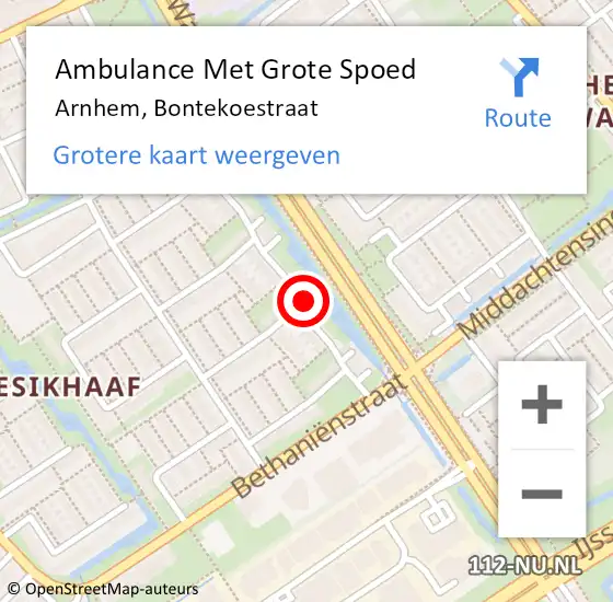 Locatie op kaart van de 112 melding: Ambulance Met Grote Spoed Naar Arnhem, Bontekoestraat op 5 december 2022 14:08