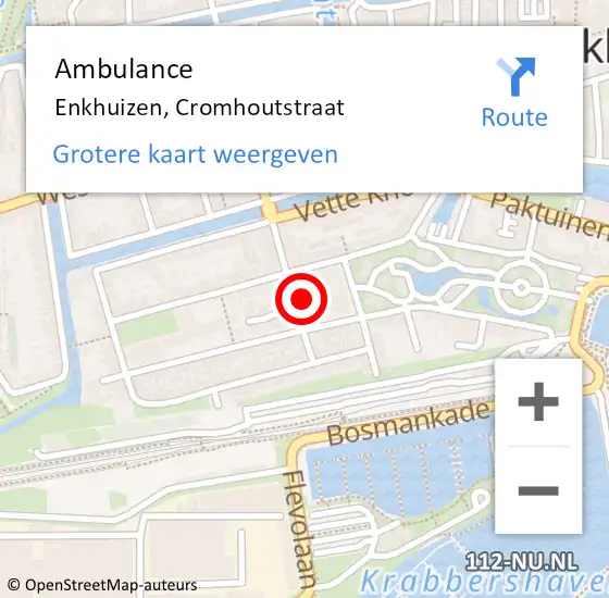 Locatie op kaart van de 112 melding: Ambulance Enkhuizen, Cromhoutstraat op 5 december 2022 14:29