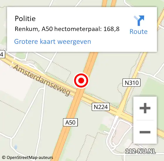 Locatie op kaart van de 112 melding: Politie Renkum, A50 hectometerpaal: 168,8 op 5 december 2022 15:53