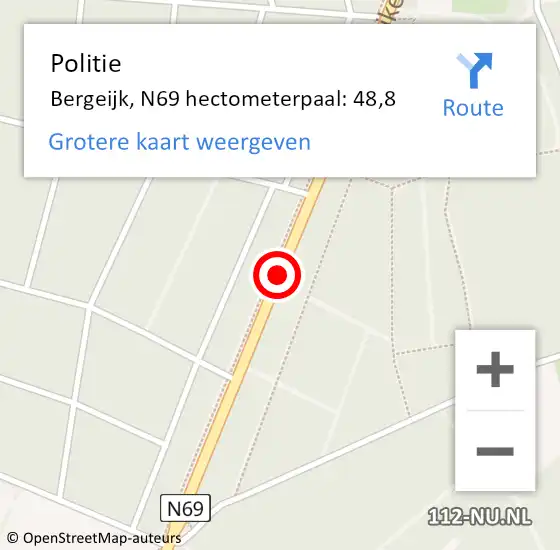 Locatie op kaart van de 112 melding: Politie Bergeijk, N69 hectometerpaal: 48,8 op 5 december 2022 15:57