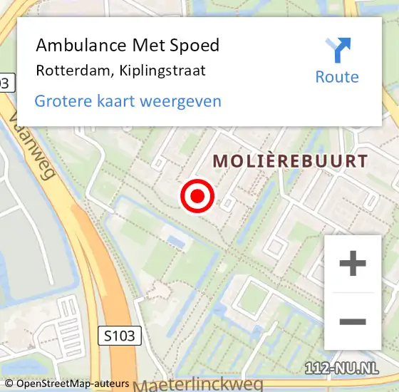 Locatie op kaart van de 112 melding: Ambulance Met Spoed Naar Rotterdam, Kiplingstraat op 5 december 2022 16:35