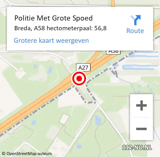 Locatie op kaart van de 112 melding: Politie Met Grote Spoed Naar Breda, A58 hectometerpaal: 56,8 op 5 december 2022 17:29