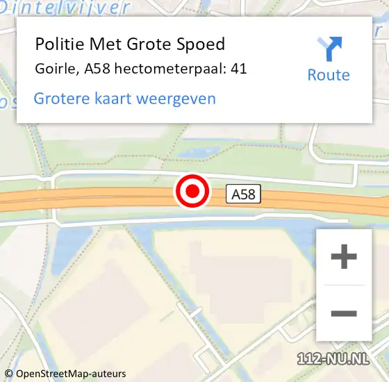 Locatie op kaart van de 112 melding: Politie Met Grote Spoed Naar Goirle, A58 hectometerpaal: 41 op 5 december 2022 17:32