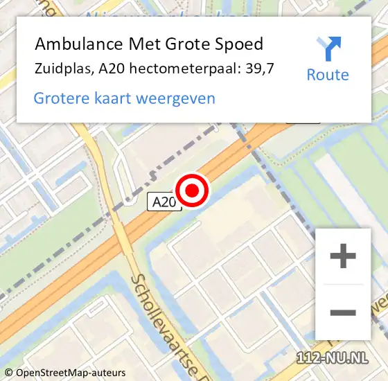 Locatie op kaart van de 112 melding: Ambulance Met Grote Spoed Naar Zuidplas, A20 hectometerpaal: 39,7 op 5 december 2022 18:03