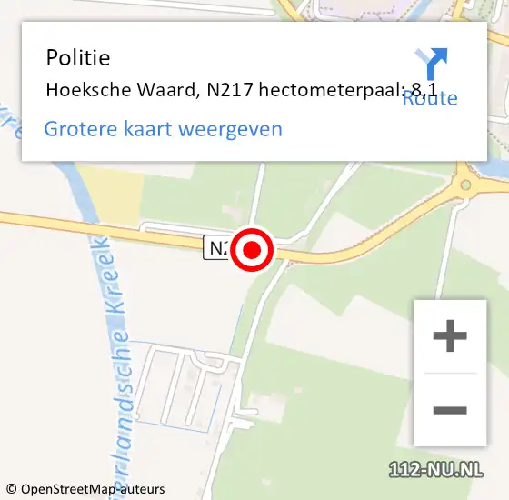 Locatie op kaart van de 112 melding: Politie Hoeksche Waard, N217 hectometerpaal: 8,1 op 5 december 2022 18:45