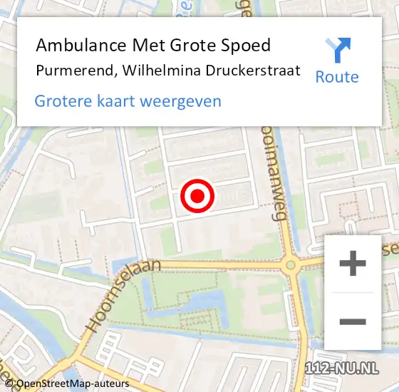 Locatie op kaart van de 112 melding: Ambulance Met Grote Spoed Naar Purmerend, Wilhelmina Druckerstraat op 5 december 2022 21:08