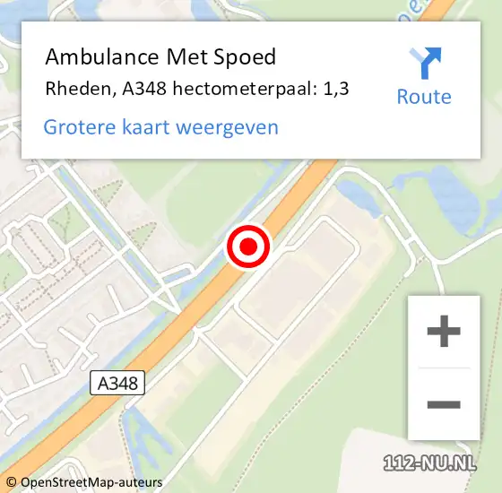 Locatie op kaart van de 112 melding: Ambulance Met Spoed Naar Rheden, A348 hectometerpaal: 1,3 op 5 december 2022 22:18