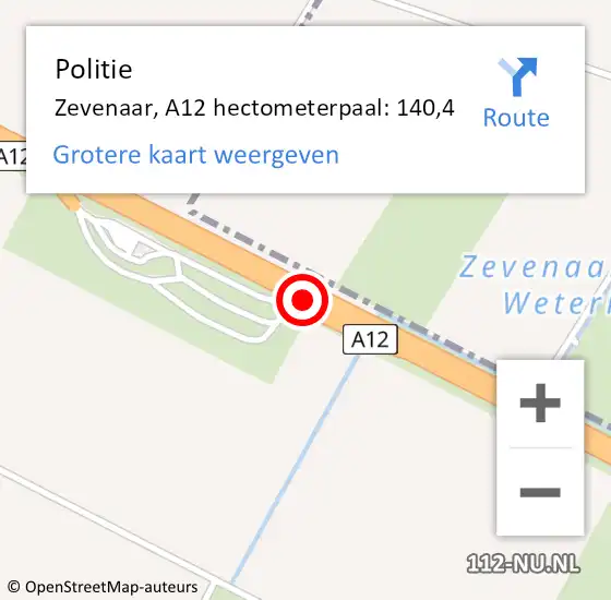 Locatie op kaart van de 112 melding: Politie Zevenaar, A12 hectometerpaal: 140,4 op 5 december 2022 23:06