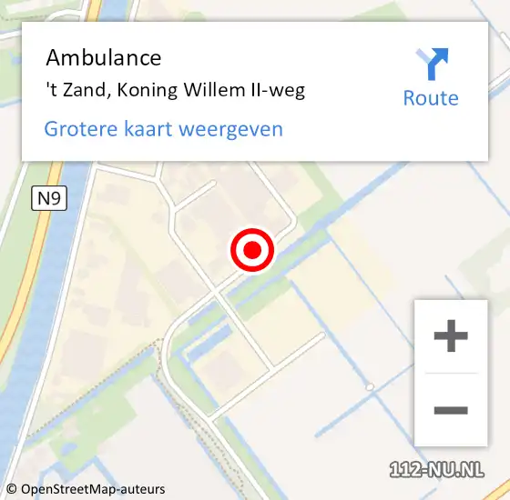 Locatie op kaart van de 112 melding: Ambulance 't Zand, Koning Willem II-weg op 6 december 2022 07:20