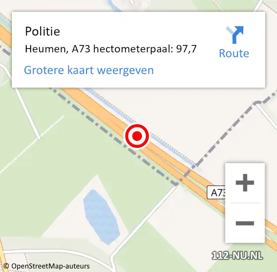 Locatie op kaart van de 112 melding: Politie Heumen, A73 hectometerpaal: 97,7 op 6 december 2022 08:04