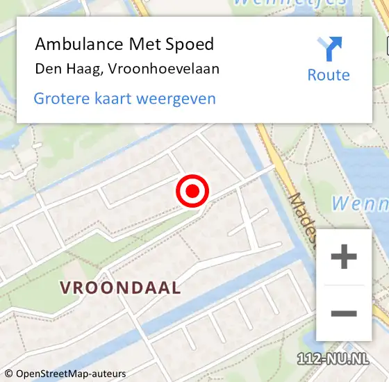 Locatie op kaart van de 112 melding: Ambulance Met Spoed Naar Den Haag, Vroonhoevelaan op 6 december 2022 08:34