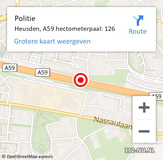 Locatie op kaart van de 112 melding: Politie Heusden, A59 hectometerpaal: 126 op 6 december 2022 09:37