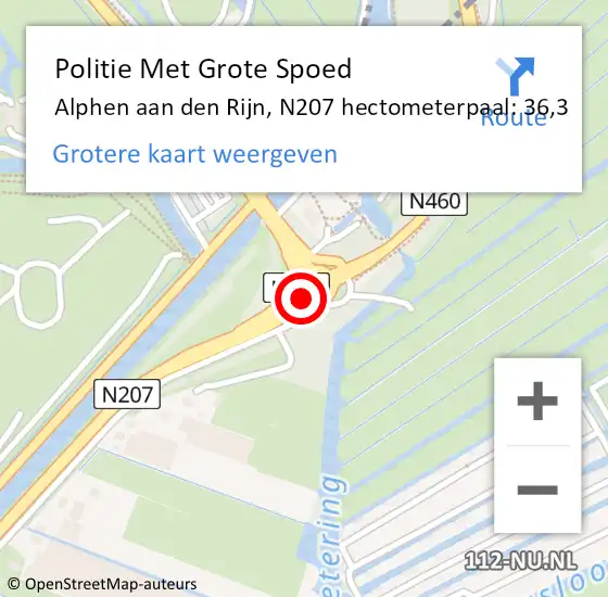Locatie op kaart van de 112 melding: Politie Met Grote Spoed Naar Alphen aan den Rijn, N207 hectometerpaal: 36,3 op 6 december 2022 09:41