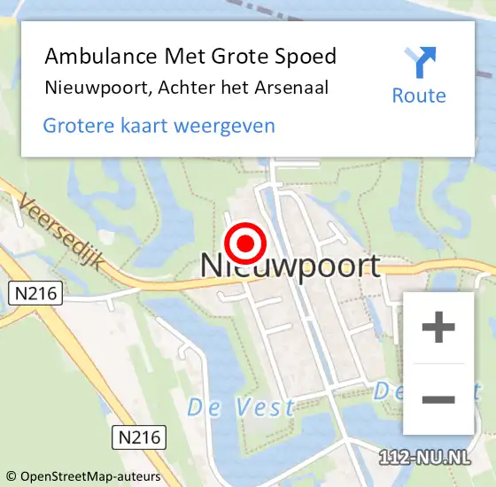 Locatie op kaart van de 112 melding: Ambulance Met Grote Spoed Naar Nieuwpoort, Achter het Arsenaal op 6 december 2022 11:12