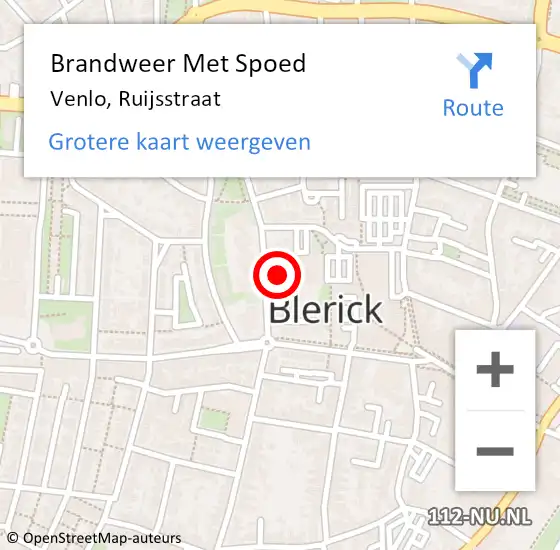 Locatie op kaart van de 112 melding: Brandweer Met Spoed Naar Venlo, Ruijsstraat op 6 december 2022 11:53