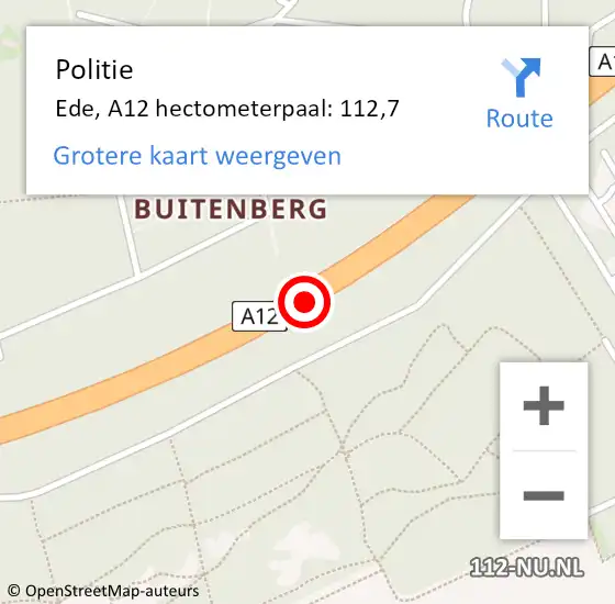 Locatie op kaart van de 112 melding: Politie Ede, A12 hectometerpaal: 112,7 op 6 december 2022 12:40