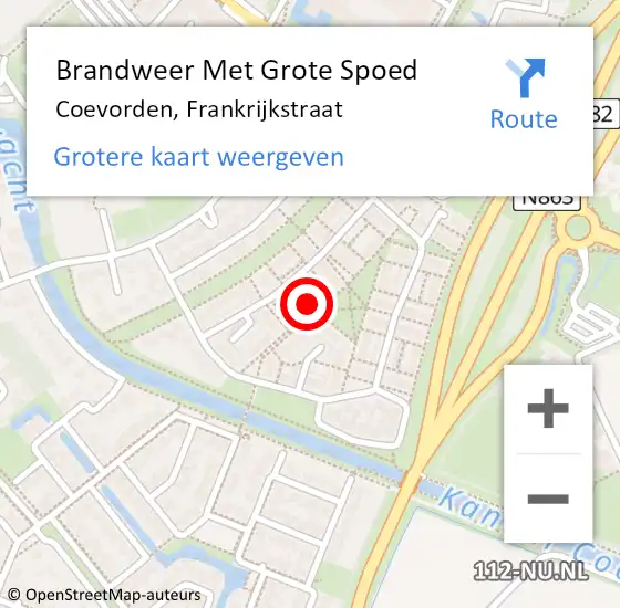 Locatie op kaart van de 112 melding: Brandweer Met Grote Spoed Naar Coevorden, Frankrijkstraat op 6 december 2022 13:07