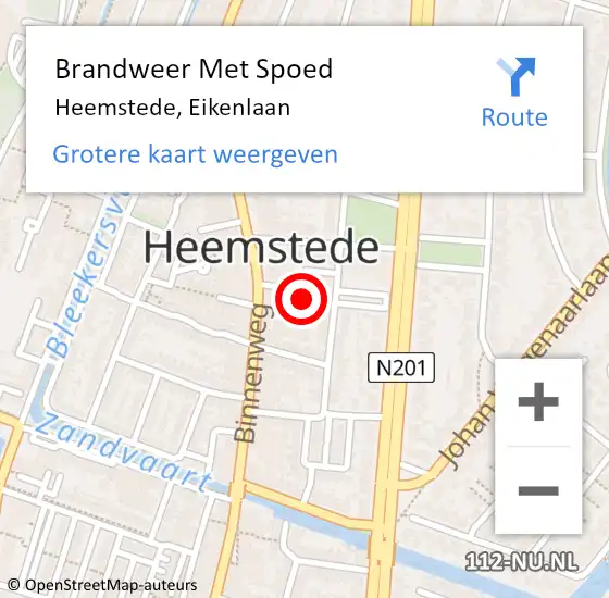 Locatie op kaart van de 112 melding: Brandweer Met Spoed Naar Heemstede, Eikenlaan op 6 december 2022 14:21