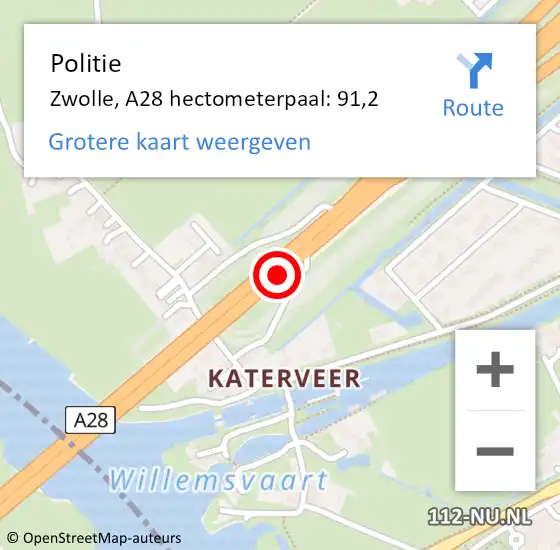 Locatie op kaart van de 112 melding: Politie Hattem, A28 hectometerpaal: 91,2 op 6 december 2022 15:49