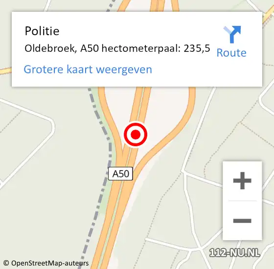 Locatie op kaart van de 112 melding: Politie Oldebroek, A50 hectometerpaal: 235,5 op 6 december 2022 17:01