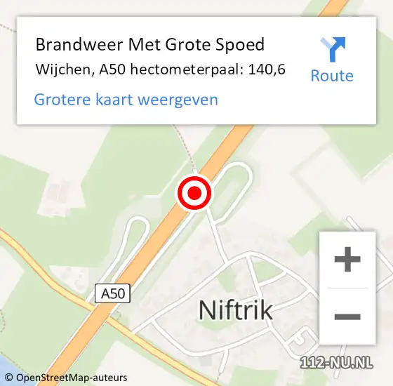 Locatie op kaart van de 112 melding: Brandweer Met Grote Spoed Naar Wijchen, A50 hectometerpaal: 140,6 op 6 december 2022 17:05