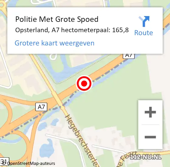 Locatie op kaart van de 112 melding: Politie Met Grote Spoed Naar Opsterland, A7 hectometerpaal: 165,8 op 6 december 2022 17:38