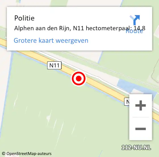 Locatie op kaart van de 112 melding: Politie Alphen aan den Rijn, N11 hectometerpaal: 14,8 op 6 december 2022 19:24