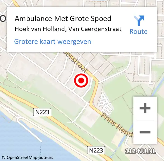 Locatie op kaart van de 112 melding: Ambulance Met Grote Spoed Naar Hoek van Holland, Van Caerdenstraat op 6 december 2022 20:54