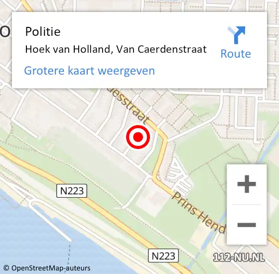 Locatie op kaart van de 112 melding: Politie Hoek van Holland, Van Caerdenstraat op 6 december 2022 21:16